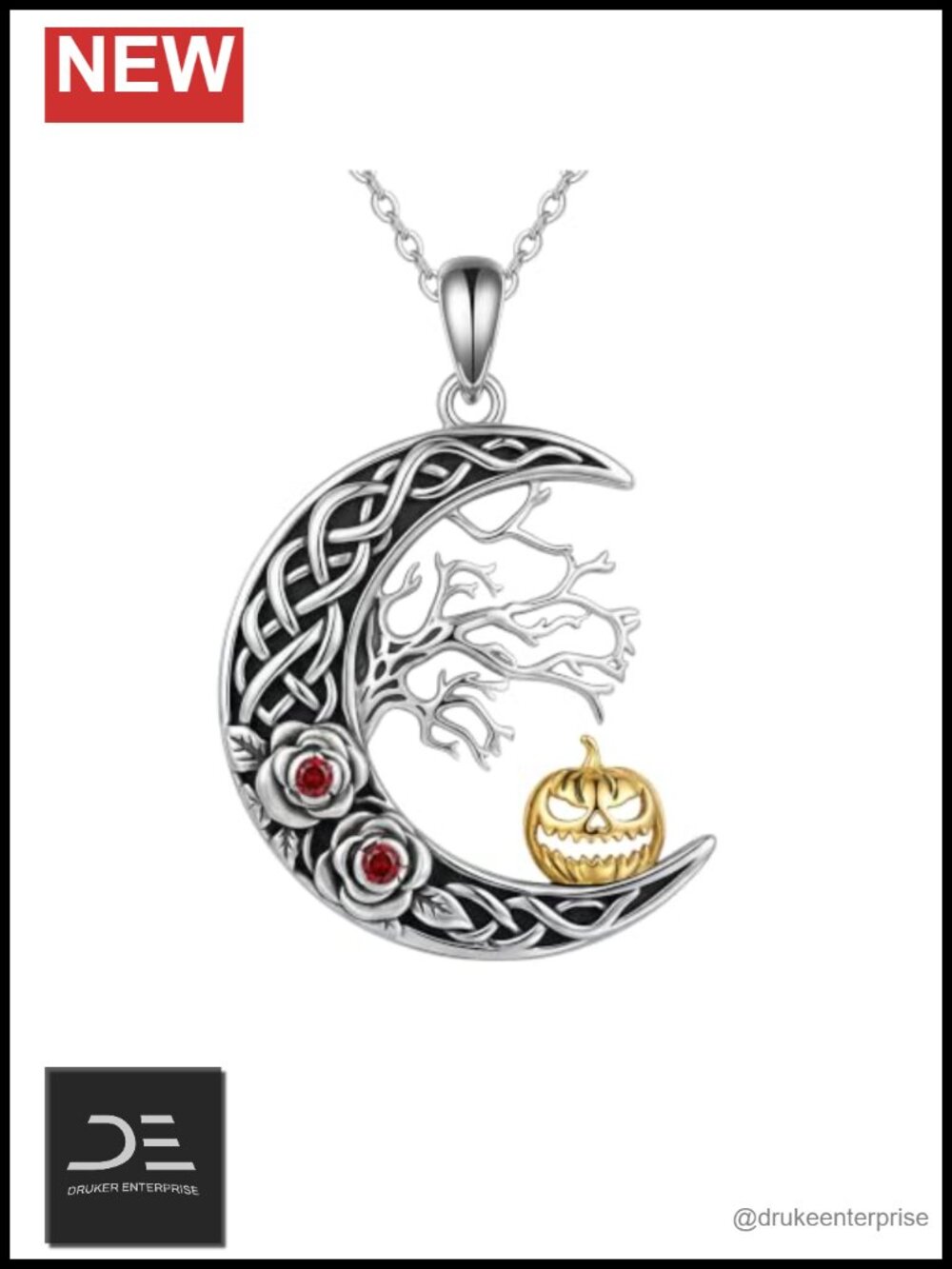 Gothic Halloween Necklace Women 925 Sterling Silver Cat Moon Celtic Knot